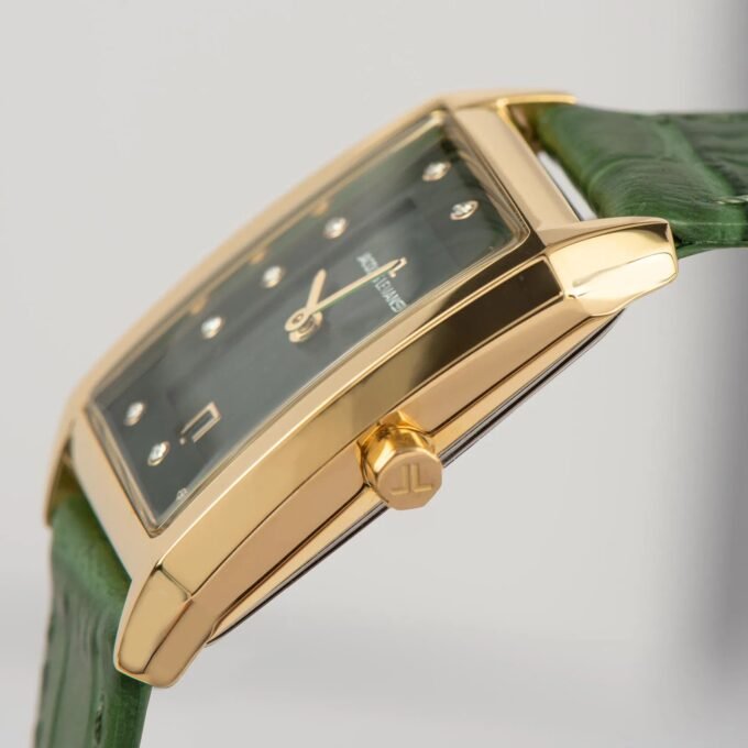 Montre Jacques Lemans 1-2189F - Élégante Montre Rectangulaire en Acier Inoxydable Or Rose avec Cadran Vert et Bracelet en Cuir - Verre Saphir