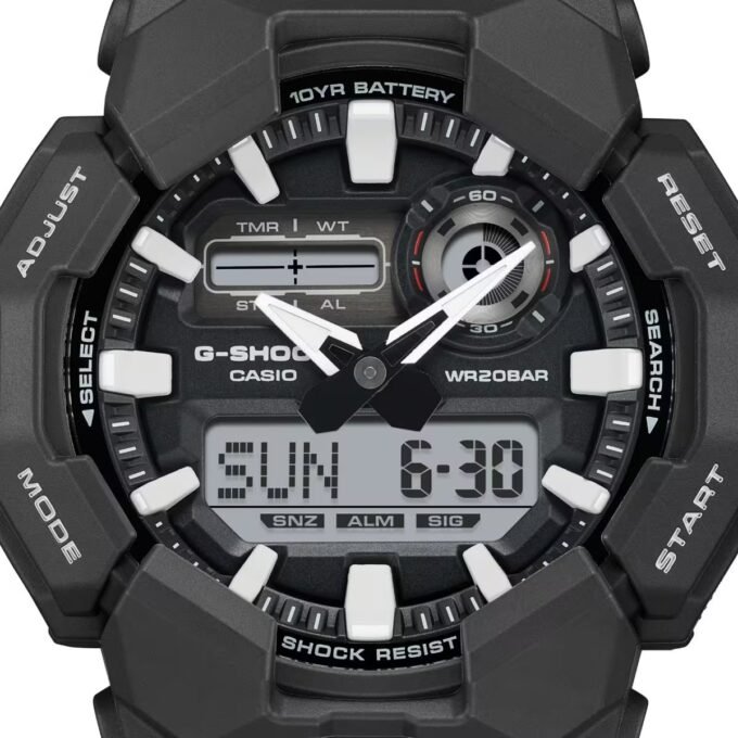 Montre Analogique-Digitale - G-SHOCK - Homme - Résistante aux Chocs, Étanche 200m, Batterie 10 Ans, LED Haute Luminosité - Bio-résine - Noir - Référence GA-010-1ADR