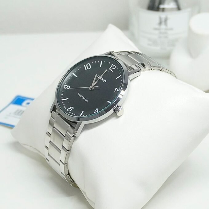 Montre Analogique Casio Pour Homme, Minimaliste, Bracelet en Acier Gris, Cadran Noir Concave, 3 Aiguilles - MTP-VT03D-1BDF