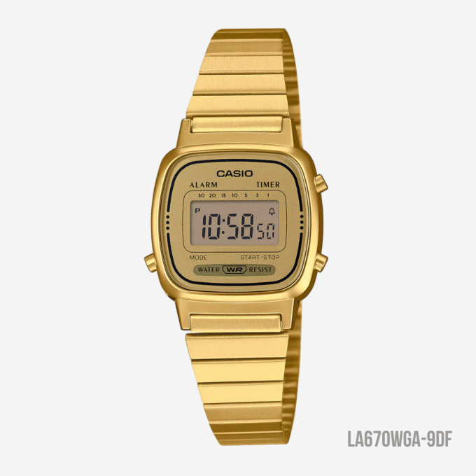 montre unisexe casio la670wga 9df bracelet en acier inoxydable doré affichage numérique résistant à l'eau