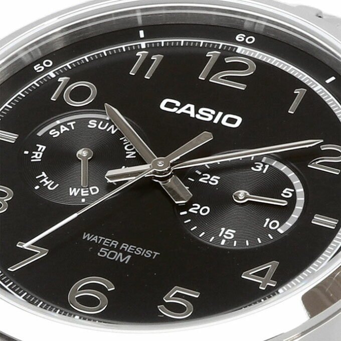 Montre Classique Homme - Casio MTP-E340D-1AVDF - Acier Inoxydable, Bracelet Métal, Étanche, Affichage Analogique - Argenté/Noir - Référence MTP-E340D-1AVDF