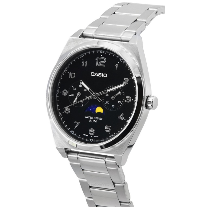 Montre Homme - Casio - Classique - Phase de Lune, Affichage Analogique, Date et Jour - Acier Inoxydable - Cadran Noir - MTP-M300D-1AVDF