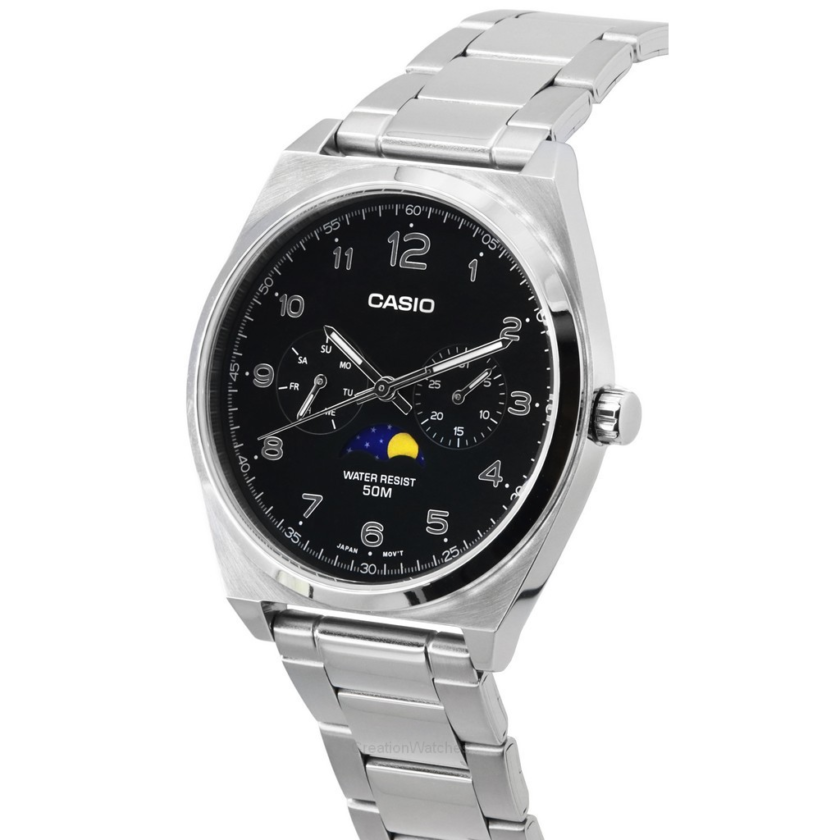 montre homme casio classique phase de lune, affichage analogique, date et jour acier inoxydable cadran noir mtp m300d 1avdf