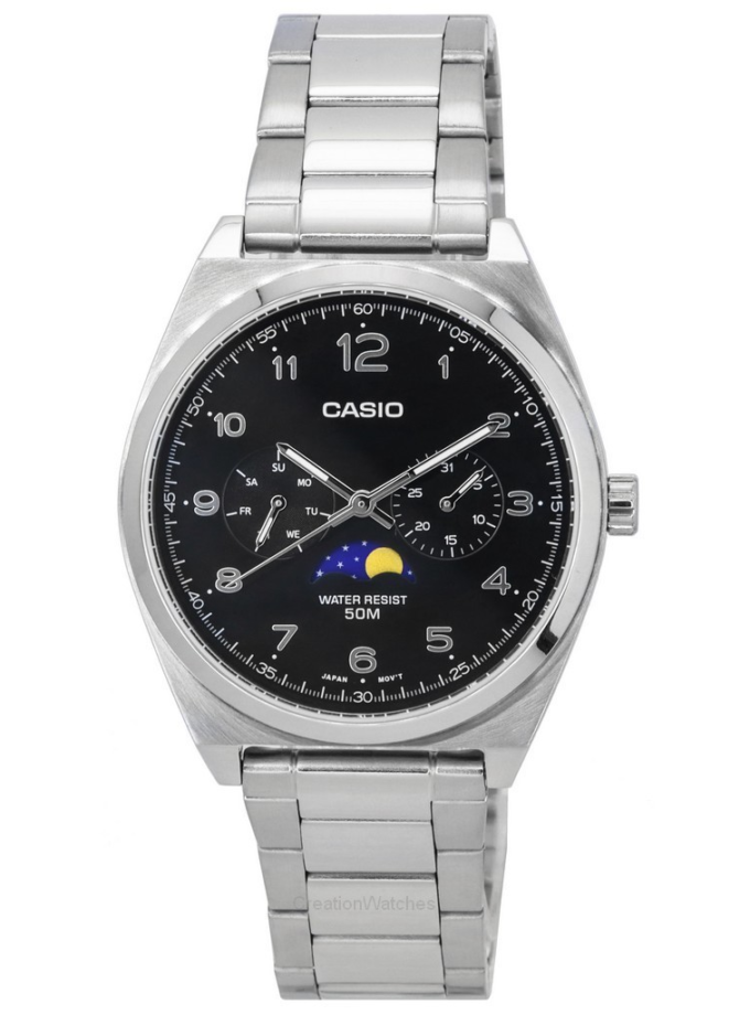 montre homme casio classique phase de lune, affichage analogique, date et jour acier inoxydable cadran noir mtp m300d 1avdf