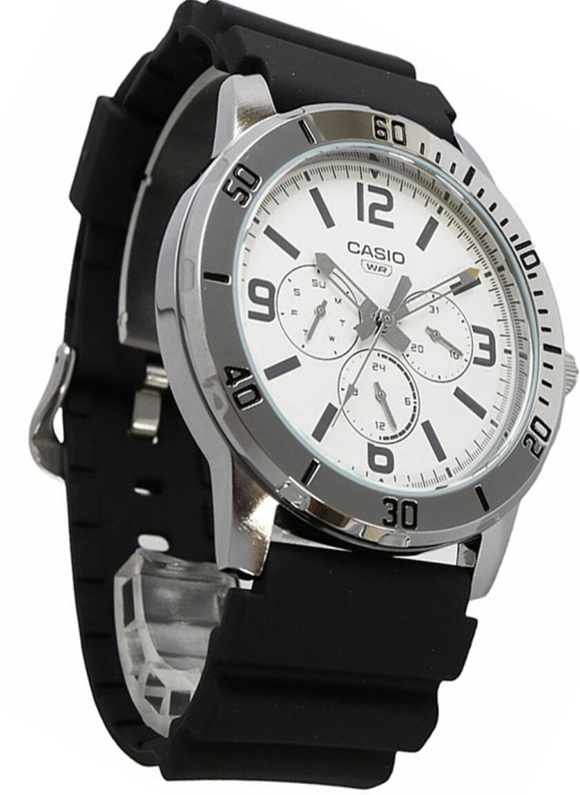 montre homme casio mtp vd300 7budf bracelet en résine noir chronographe >affichage analogique résistant à l'eau