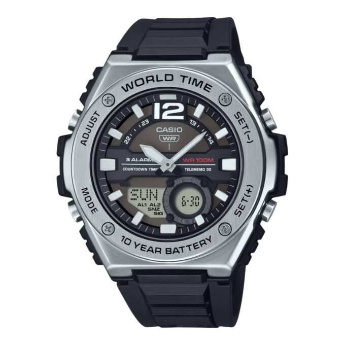 Montre Casio Homme - 100M Resistante à l'eau - Acier Inoxydable - Heure mondiale/Compte à rebours/Calendrier automatique/Alarmes multiples/Chronographe 100 SEC - Batterie de 10 ans- MWQ-100-1AVDF