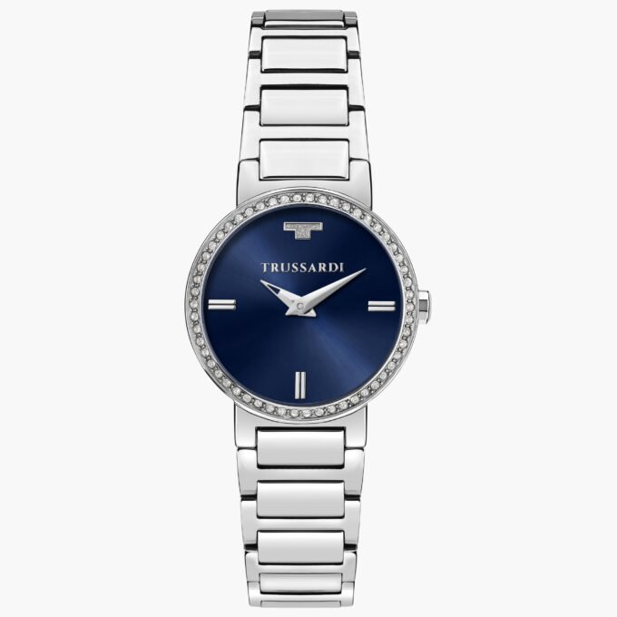 Montre Femme Trussardi T-Bridge – Acier Poli, Boîtier 28 mm, Bracelet Argent, Verre Minéral, Etanchéité 5 atm, Boucle Déployante – Garantie 2 ans – R2453171502