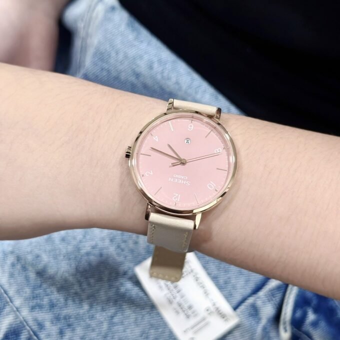 montre casio femme couleur du boîtier rose analogique verre saphir she 4562pgl 4audf verre saphir