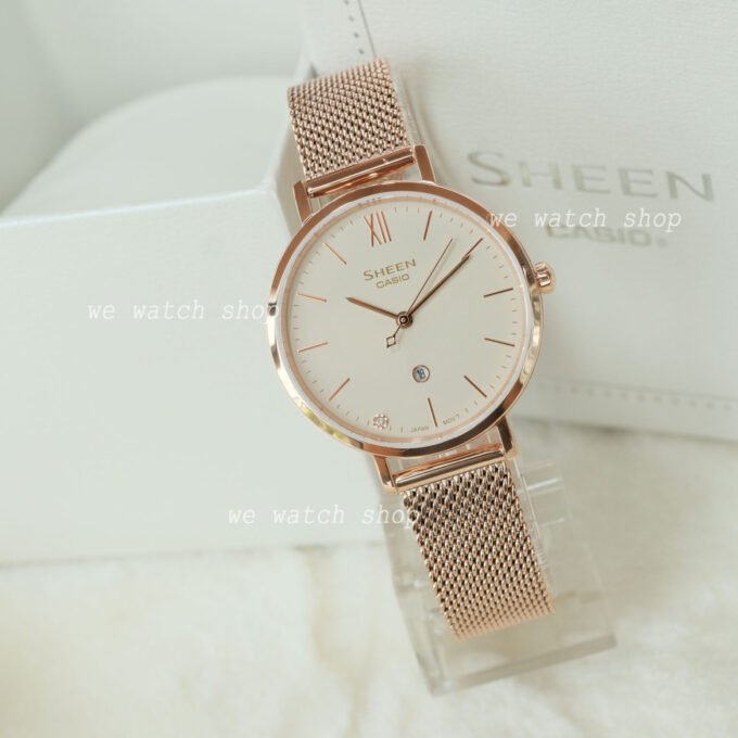 Montre Classique Femme - Casio Sheen SHE-4539CGM-4AUDF - Acier Inoxydable, Bracelet Maille, Rose Doré, Étanche - Boutique Aïwatch
