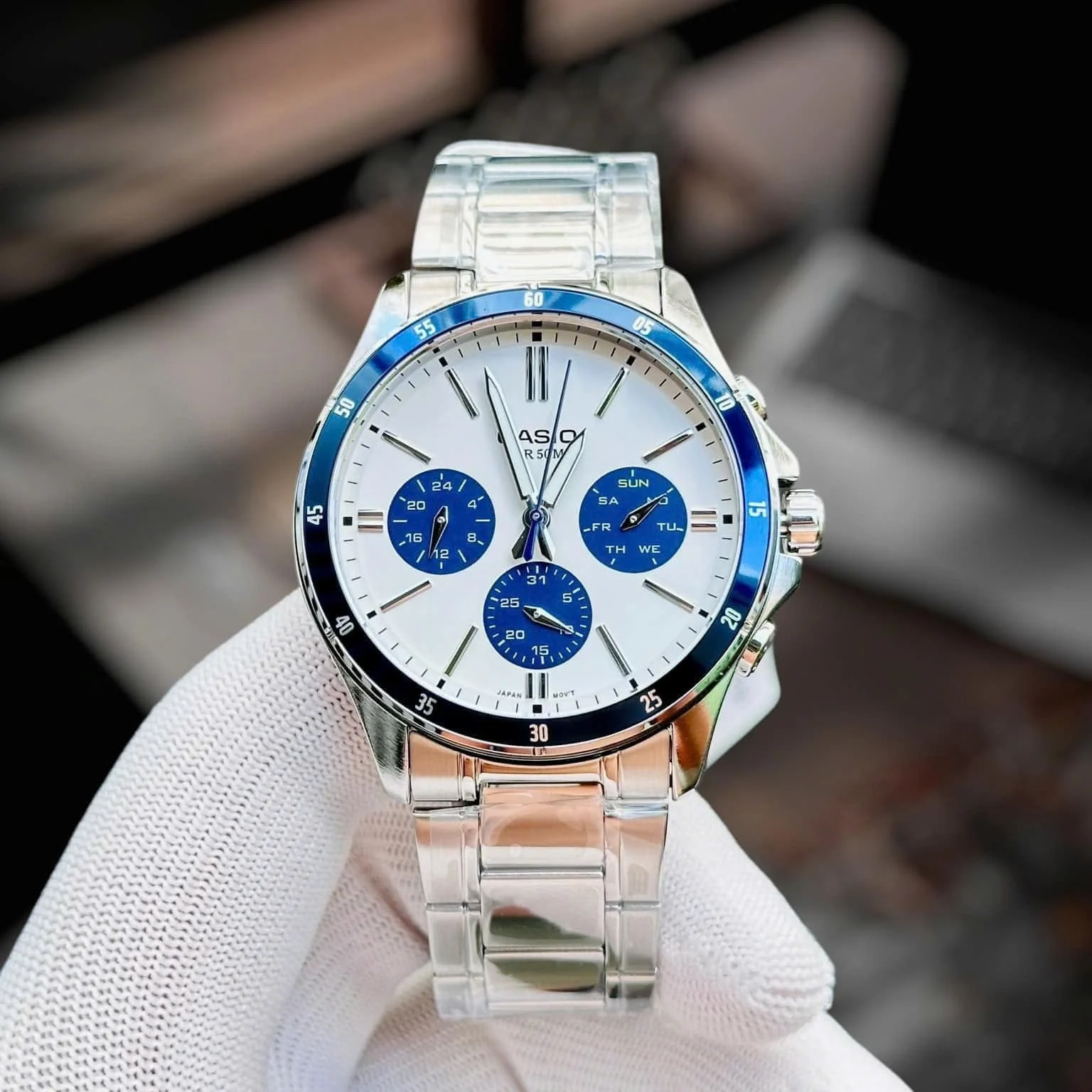 montre classique homme casio mtp 1374d 7a2vdf – acier inoxydable, bracelet métal, cadran blanc, Étanche – bleu gris