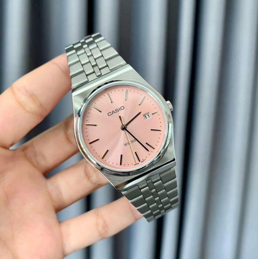 montre classique homme casio mtp b145d 4avdf acier inoxydable, bracelet métal, Étanche, cadran rose référence mtp b145d 4avdf