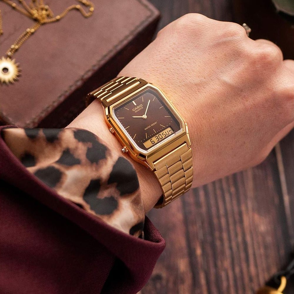 montre classique casio unisexe design vintage, bracelet métallique, résistance à leau, fonction chronographe acier inoxydable argenté aq 230ga 5amqydf