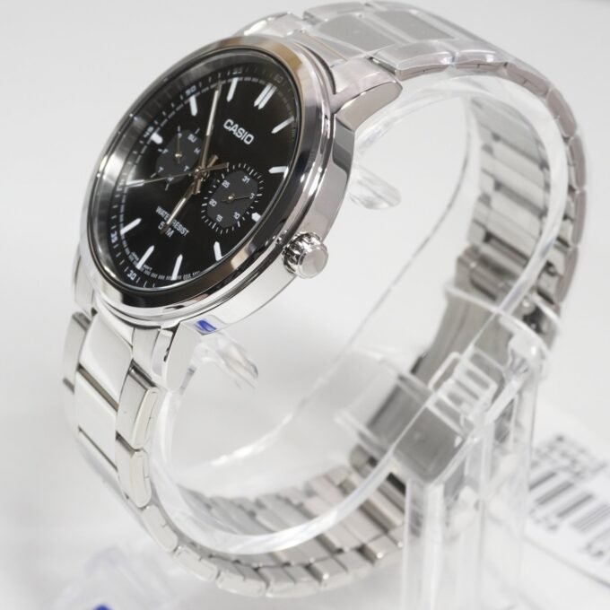 Montre Classique Homme - Casio MTP-E335D-1EVDF - Acier Inoxydable, Dateur, Bracelet Métal, Cadran Noir, Étanche - Référence MTP-E335D-1EVDF